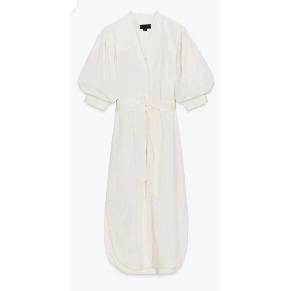 Zara ZW Collection Cream Midi Dress Belted Balloon Sleeve